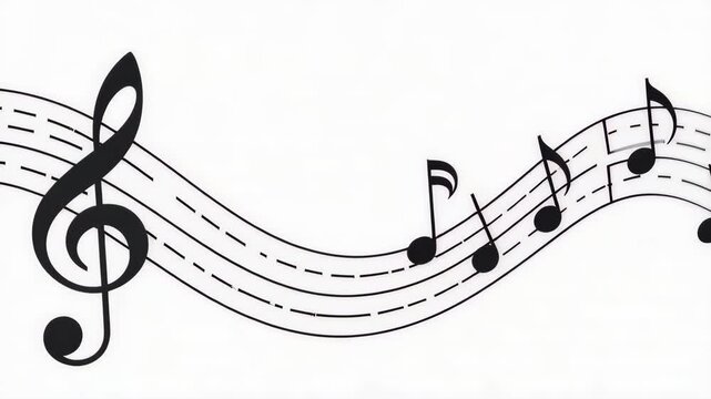 A flowing musical staff with black notes and a treble clef on a white background. The design represents music and creativity.