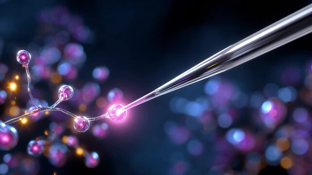 Microscope is pointed at a cluster of cells. The cells are purple and blue. The microscope is on a black background