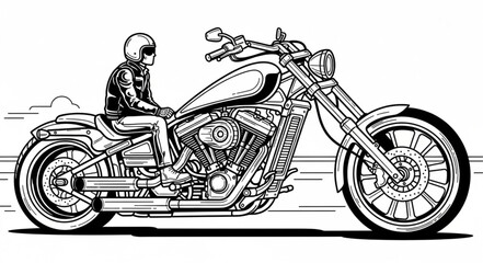 Man riding a custom chopper motorcycle on a road. © Suci