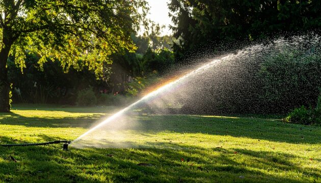 ホースから出てくる水から虹ができる写真