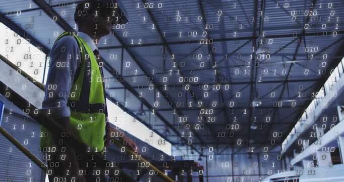 Warehouse worker on railing, camera-pulling closer, raising hand to direct van as binary code grows