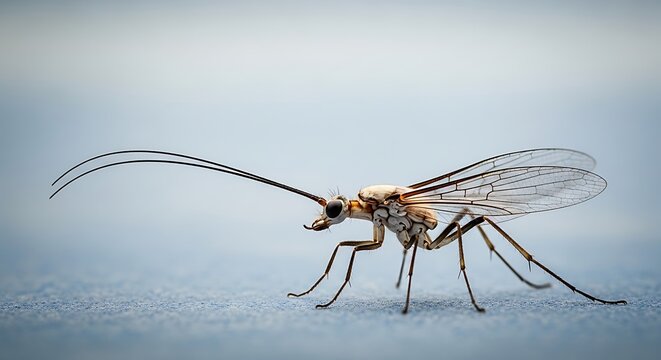 Close-up of crane fly insect with delicate wings and long antennae