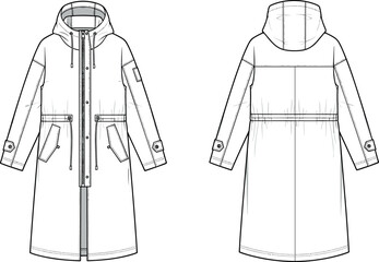 Long hooded parka jacket technical fashion flat sketch vector illustration showing front and back views with drawstrings and flap pockets. © MDBABUL