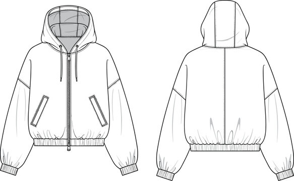 Oversized zip up hooded jacket technical fashion flat sketch vector illustration front and back view with dropped shoulders elastic hem