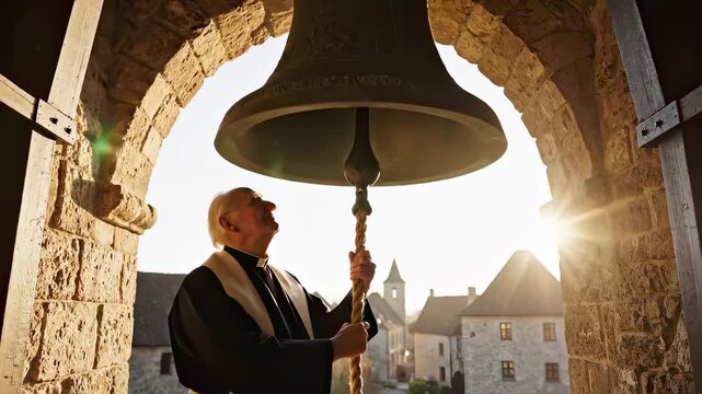 Elderly bell ringer in cassock sounding large bronze bell from old church bell tower at sunset, illuminating a traditional medieval village and its historic buildings