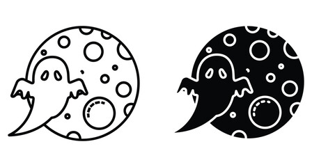 Fototapeta premium Halloween ghost flying in front of full moon with craters icon set in outline and solid black silhouette style for spooky design