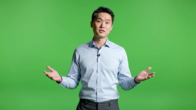 A confident Asian man speaks directly to the camera, perfect for presentations, online tutorials, or explaining complex ideas. The green screen provid