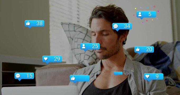 Man shifting focus to laptop as blue social notifications appearing near him tracking engagement
