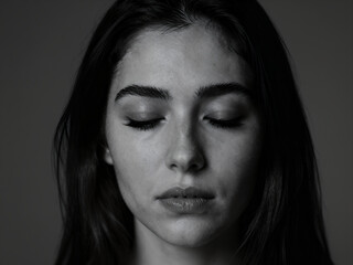 Fototapeta premium Serene Woman with Closed Eyes in Black and White Portrait, Peaceful Expression for Wellness or Meditation Concept Photography