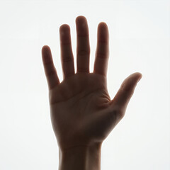 Fototapeta premium Silhouette of a Human Hand with Palm Facing Forward Against Bright White Background, Isolated Stock Photo for Stop or Pause Gesture Concept
