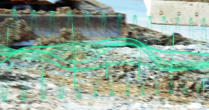 Excavator bucket contacting pile, scraping, lifting, compacting, teal waveform mapping ground