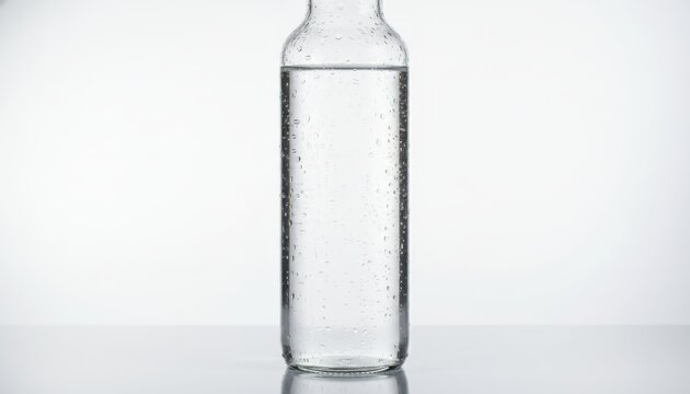 Clear glass bottle filled with sparkling water isolated on a reflective surface, a refreshing beverage for hydration and purity.