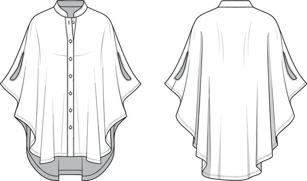 Womens oversized button down poncho shirt blouse technical fashion flat sketch vector illustration front and back view with mandarin collar
