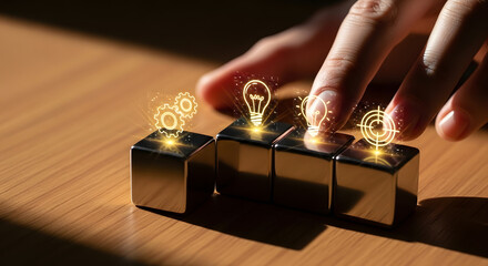 A hand interacts with glowing icons on a wooden surface, representing ideas and progress