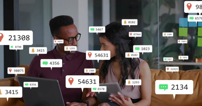 Marketers on couch, chat and pin badges appearing over devices, surging then fading, reviewing work