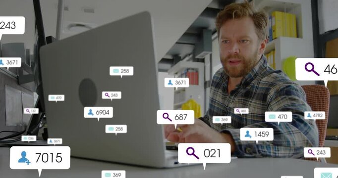 Man typing at desk, initial badge appearing and growing into messages covering laptop for business