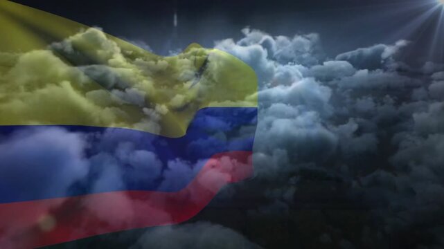 Bright flare appearing top-right, sheer tricolor flag waving and revealing clouds, adding drama