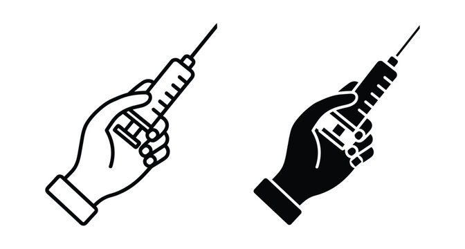 Hand holding medical syringe icon set for vaccination injection healthcare treatment medicine doctor nurse clinic hospital immunization flu shot needle syringe