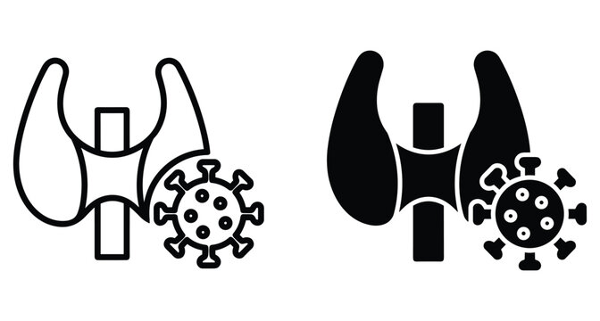 Thyroid gland icon with virus symbol representing thyroiditis infection inflammation endocrine system disease medical healthcare biology science anatomy vector illustration set