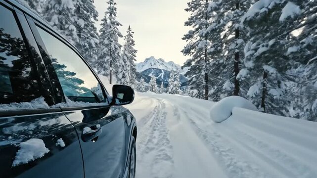 A dark vehicle navigates a pristine, snow-covered mountain road, flanked by majestic pine trees heavy with fresh powder. The scene evokes a sense of serene winter adventure and escape into nature's qu