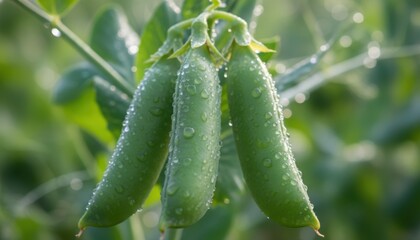 Three vibrant green pea pods covered in glistening dewdrops on a plant stem outdoors