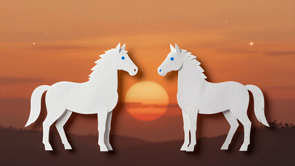 Obraz premium Two White Paper Cutout Horses Facing Each Other Against a Warm Sunset Sky with Soft Orange and Pink Hues, Flat Design Illustration for Nature or Love Themes