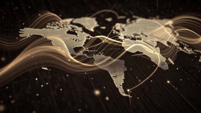 Global network connections world map with flowing light streaks and glowing particles representing data transfer and communication