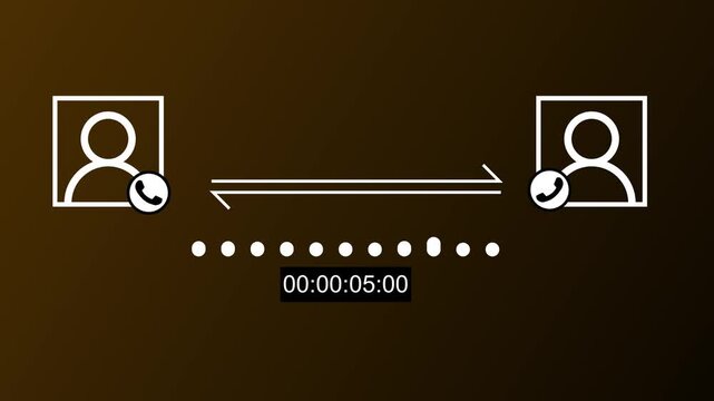 Animated concept depicting a phone call connection and ongoing communication. Call duration illustration for two callers in conversation. Two-person phone call graphic with timer display.