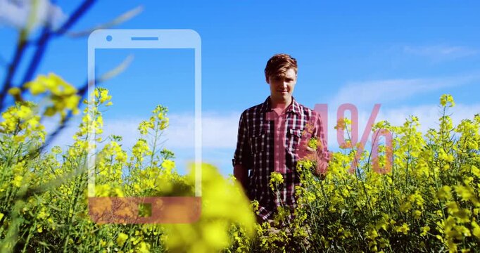 Man in plaid shirt walking through farming field, phone overlay, camera moving showing 4% crop data