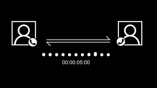 Animated phone call illustration with user icons and audio waveform elements. Illustration of timed phone call between two callers. Phone call timer shown in two-person conversation illustration.