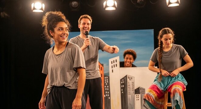Backstage rehearsal scene with actors performing in theater, energetic atmosphere captures play preparation and collaborative spirit.