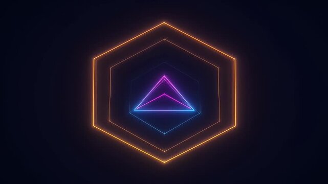 Glowing neon hexagon and triangle shapes against a dark, slightly textured backdrop