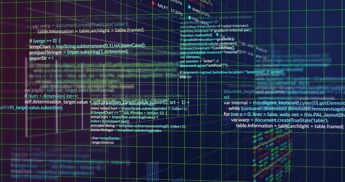 Green wireframe grid panning while camera sweep triggers code panels sliding, revealing analytics