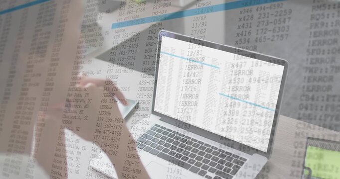 Woman scanning spreadsheet, touching phone, data loading and scrolling overlay highlighting finance