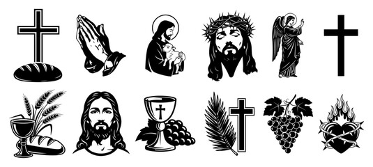 Large collection of christian religious symbols and icons in black and white vector style