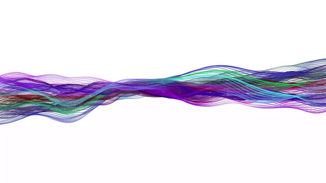 Abstract digital lines flowing across white background with dynamic movement. Colorful dots streaming with fluid waving motion. Abstract animation of colorful dots in waving stream.