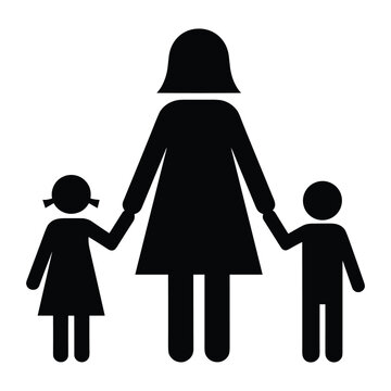 Mother holding hands with daughter and son silhouette icon representing family unity parenthood childhood and single mother care