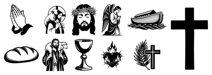 Naklejka premium Collection of black and white Christian religious symbols including Jesus and various spiritual icons for church design
