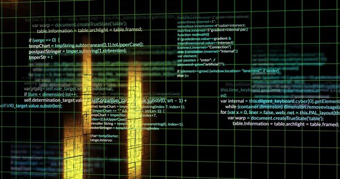Camera panning starting green wireframe grid code sliding and gold columns rising visualizing data