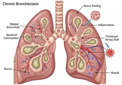 Illustration of chronic bronchiectasis showing dilated bronchioles, mucus pooling, and inflammation