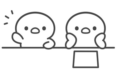 手を挙げるひよこと頬杖をつくひよこの手書き線画イラスト  プリントや書類を前にした授業中や会議中の対比シーン © Nitomaru