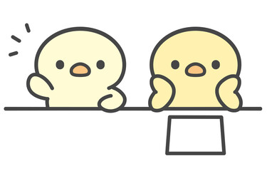 手を挙げるひよこと頬杖をつくひよこの手書きイラスト  プリントや書類を前にした授業中や会議中の対比シーン © Nitomaru