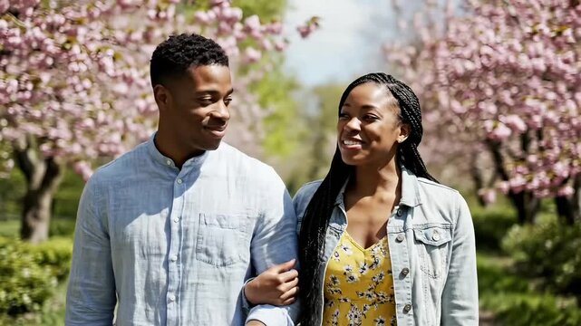 Happy Black couple walking arm-in-arm through a park with blooming pink trees on a sunny spring day.