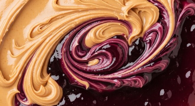 Gourmet peanut butter swirl with purple jelly drizzle on dark chocolate cake close-up texture dessert food background perfect for National Peanut Butter and Jelly Day