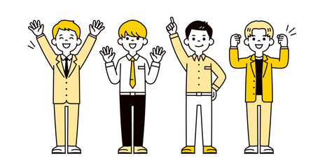 様々な表情・ポーズの、スーツを着た若い男性会社員・従業員の全身ベクターイラスト素材セット