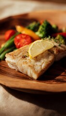 Delicious pan seared fish fillet plated with lemon and vibrant steamed vegetables evokes fresh healthy dining