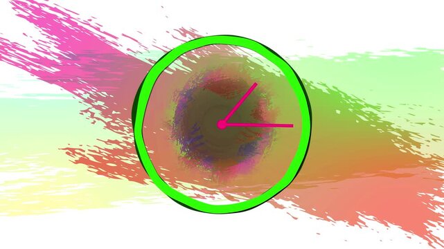Colorful abstract clock with green border and pink clock hands on white background. Colorful fluid brush strokes behind artistic clock design. Abstract clock illustration with vibrant fluid brush.