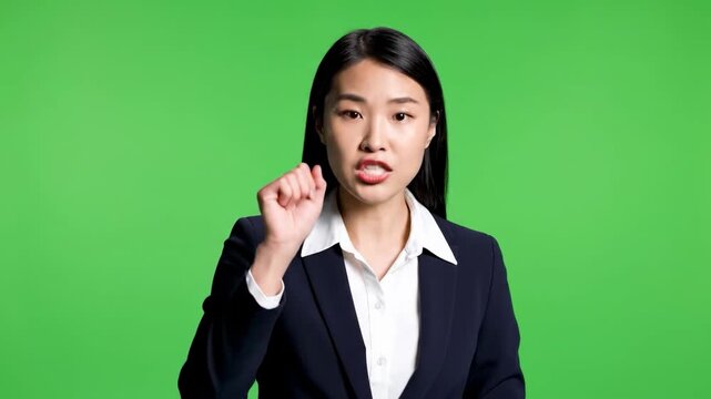 A determined businesswoman emphatically stops you in your tracks. Ideal for concepts around authority, boundaries, or halting action in marketing mate