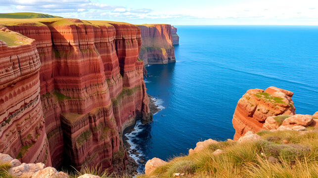Coastal red cliffs near Manorbier in Pembrokeshire, Wales, UK - the vertically inclined rock strata of the bedrock is of the Milford Haven Group - Argillaceous rocks and sandstone, interbedded.