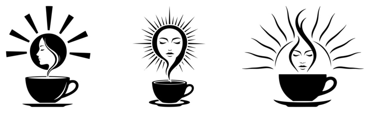 Collection of coffee cup silhouettes with steam forming a woman face and radiant sun rays
